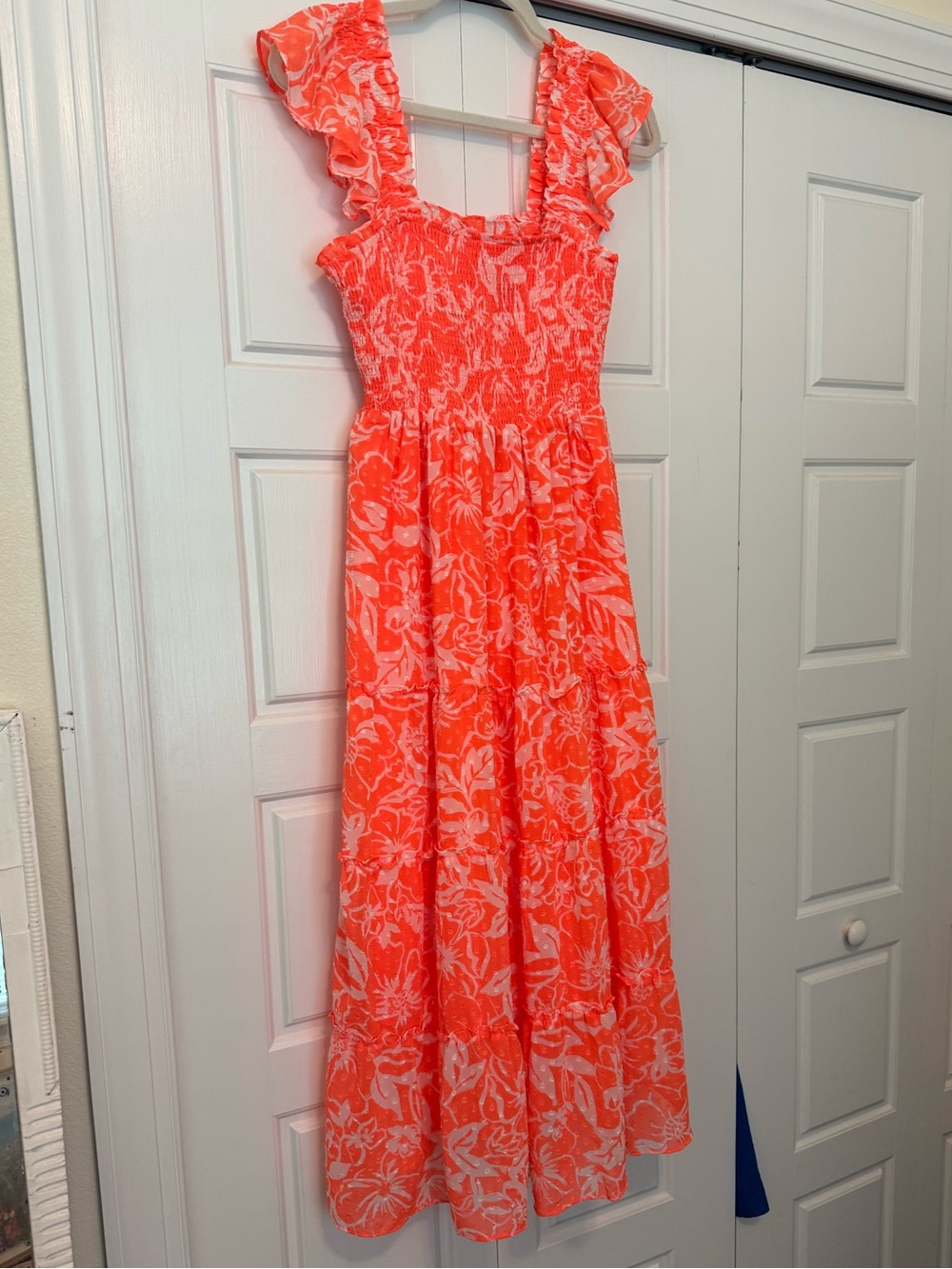 Skies Are Blue Neon Orange and White Floral Ruffle Strap Maxi Dress